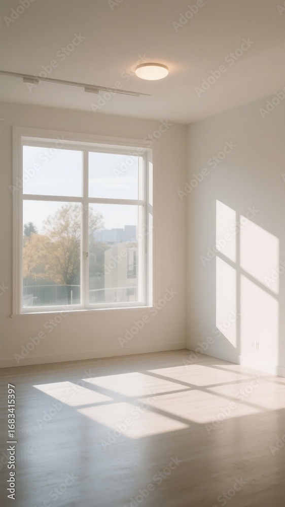 Fototapeta premium Sunlit Empty Room with Large Window and Hardwood Floor