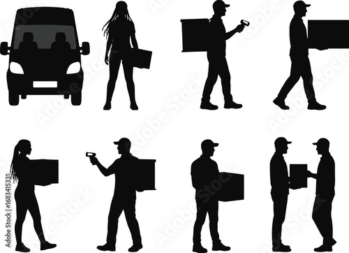 black silhouette delivery van, courier, package handling, parcel handoff, shipping service, logistics workers, transportation, cargo, express delivery, vector cad drawing flat illustration