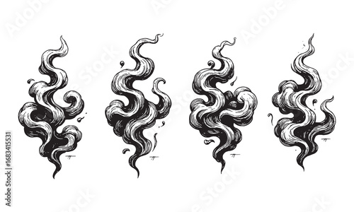 Hand drawn smoke shapes in vintage engraving style, detailed swirling smoke illustrations perfect for tattoo and design themes.