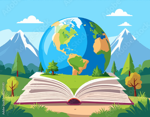 Earth globe on open book nature scene with mountains and trees educational concept vector high quality professional