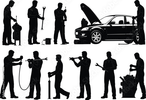 Black silhouette mechanics, automotive repair workers, car maintenance service, vehicle inspection, engine repair, tire change, workshop tools, professional garage equipment, vector illustration set