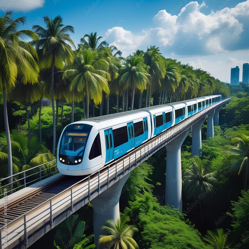 Naklejka premium Modern Metro Train on Elevated Track in Tropical Landscape