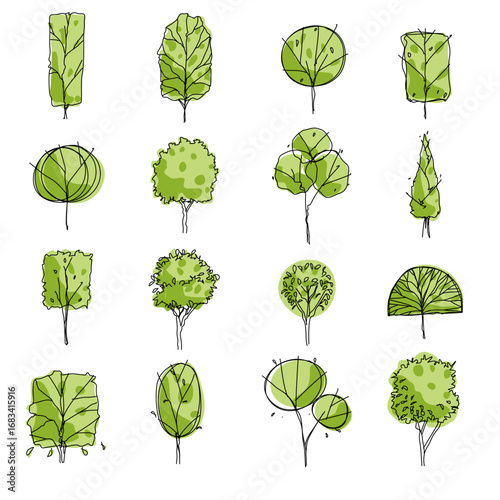 Side front view, set of hand drawn graphic trees elements outline symbol for green architecture and landscape design drawing. Trees icon. Vector illustration