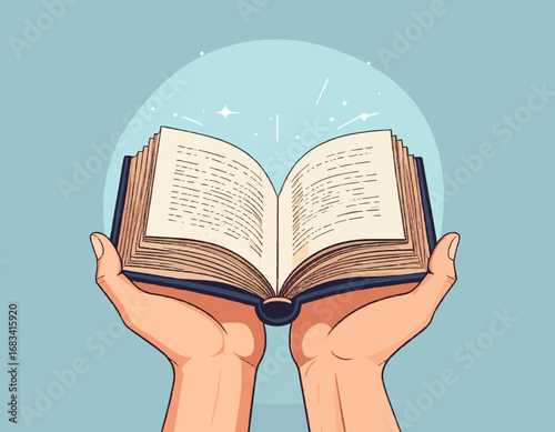 Hands holding open book glowing light knowledge learning wisdom education reading story telling high quality professional