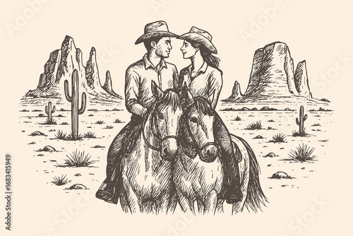 Vintage hand drawn illustration of cowboy and cowgirl riding horse together in desert landscape, western retro sketch style.