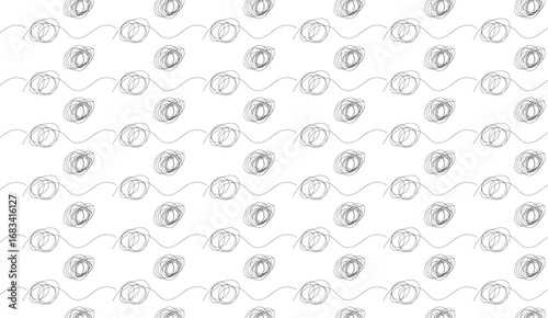 A minimalist white background features a repeating pattern of whimsical, dark gray scribbled circles interspersed with flowing, gently curved lines, offering a playful aesthetic
