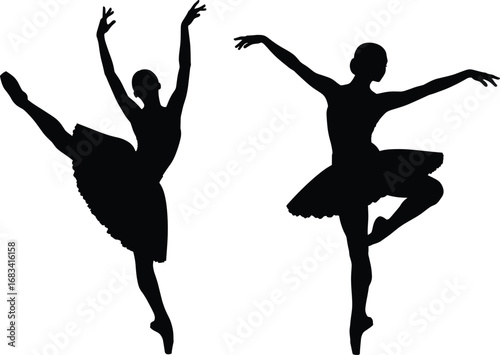 Black silhouette ballet dancers in elegant arabesque and retiré poses, wearing tutus and pointe shoes, isolated on white background, graceful dance performance illustration