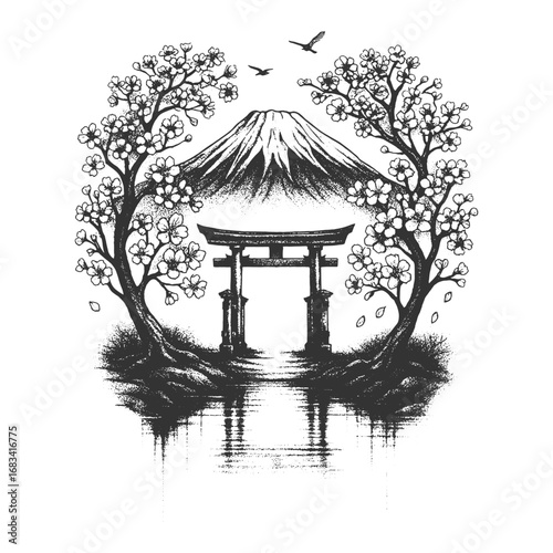Traditional Japanese torii gate with mountain and trees in vintage ink style, symbol of culture, peace, and oriental design.