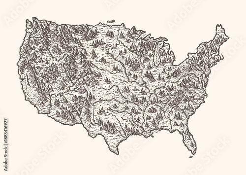 Antique engraved map of the United States, detailed vintage cartography illustration ideal for history and travel themes.