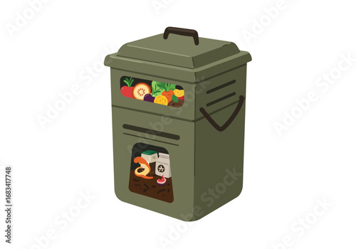 A twotiered olivegreen compost bin is shown with visible food waste inside both compartments