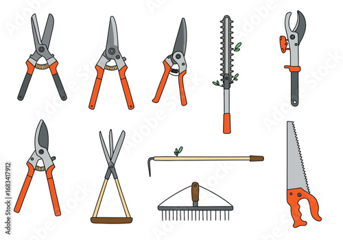 An assortment of gardening tools featuring various shears saws rakes and other implements for yard maintenance
