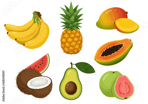 Assortment of tropical fruit including bananas pineapple mango papaya watermelon coconut avocado and guava