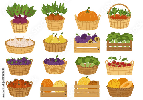 Baskets  crates filled with beets carrots pumpkins garlic pears plums broccoli cherries tomatoes melons