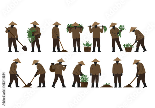 Farmers planting and harvesting crops