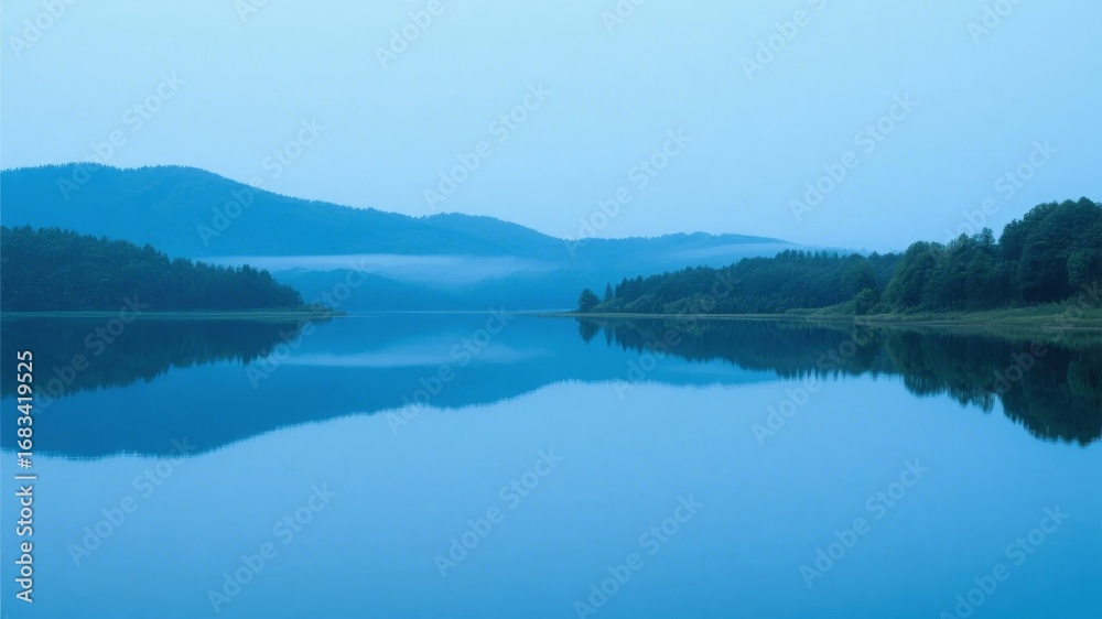 Fototapeta premium Calm Lake Reflection with Surrounding Hills and Forest
