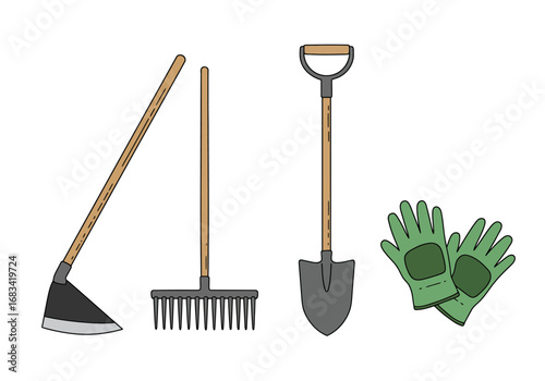 Four gardening tools a hoe a rake a shovel and gloves