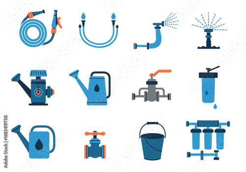 Garden irrigation equipment icons hoses sprinklers valves watering cans bucket and filters