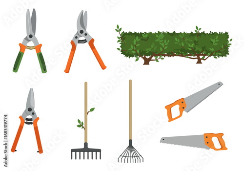 Garden tools arranged including shears a hedge rakes and saws