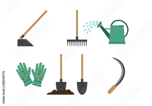 Garden tools are arrayed on a white surface including a hoe rake watering can gloves shovels and a sickle
