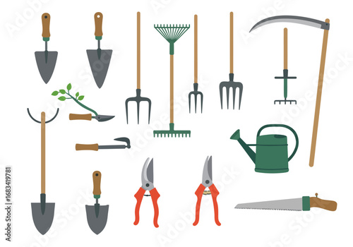 Garden tools arranged shovels rakes pitchforks pruning shears watering can and saw