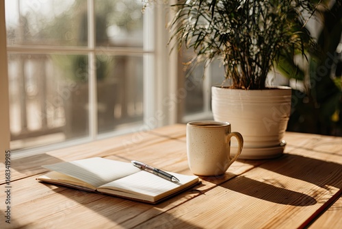 Peaceful morning routine with coffee and journaling by a sunlit window.