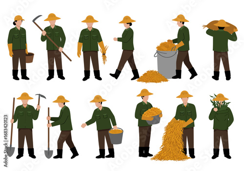Many farmers wearing conical hats working with various tools and crops