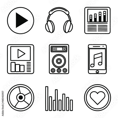 Collection of music icons including headphones, play button, music player and other audio elements