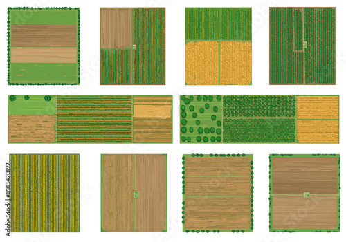 Overhead view of agricultural fields each distinct in crop types creating a diverse rural landscape