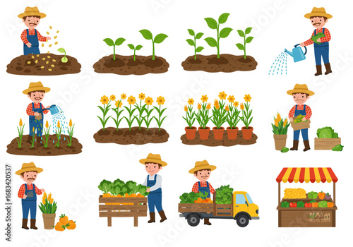 The image displays farmers and crops at various growth stages with market