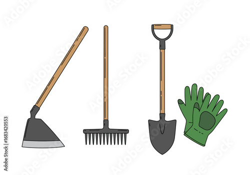 Tools laid out include a hoe rake spade and green gardening gloves