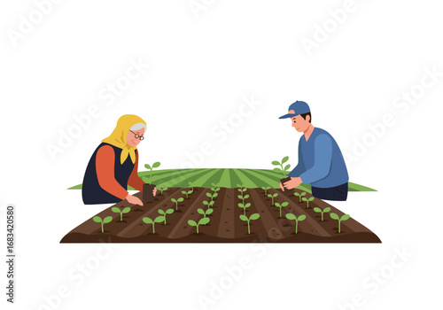 Two people plant seedlings in a field of rows