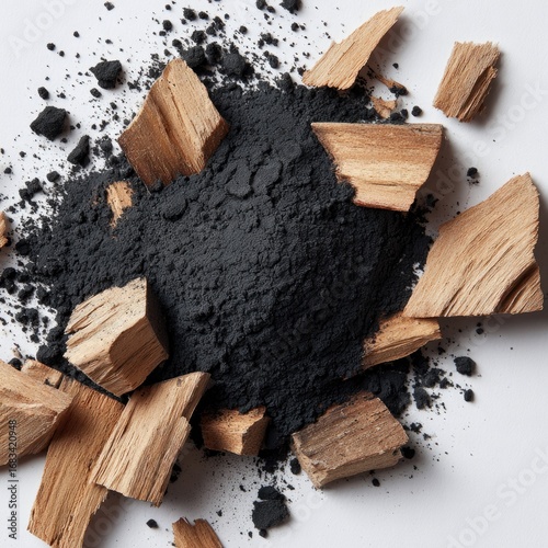 Pile of dark charcoal dust and wood chips