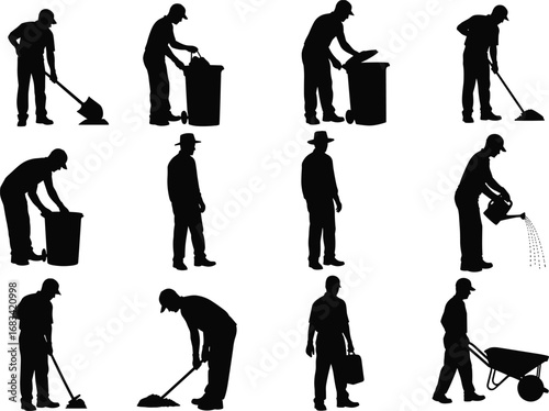 Silhouette of Workers Performing Cleaning, Gardening, and Outdoor Maintenance Tasks Using Tools Like Shovel, Watering Can, Wheelbarrow