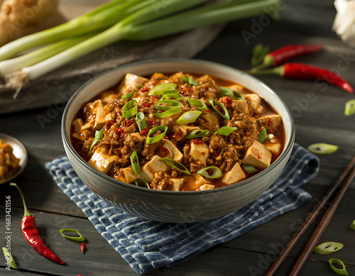 Spicy sichuan mapo tofu with ground pork and green onions in a bowl
