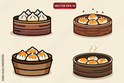 Vector illustration set of steamed chicken dim sum with dipping sauce. Authentic Asian snack design, ideal for menus, packaging, branding, social media, and restaurant promotion.