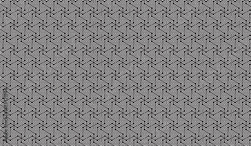 Monochrome seamless pattern featuring intricate hexagons and swirling triangular elements creates a modern, eye-catching repeating design ideal for backgrounds and textiles