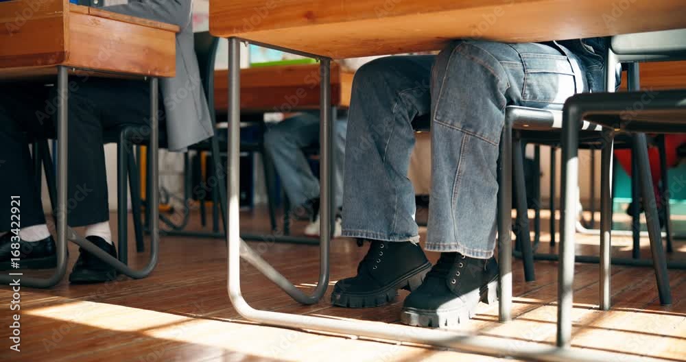 One Leg Student Legs, anxiety and students in classroom, nervous and exam stress with ...
