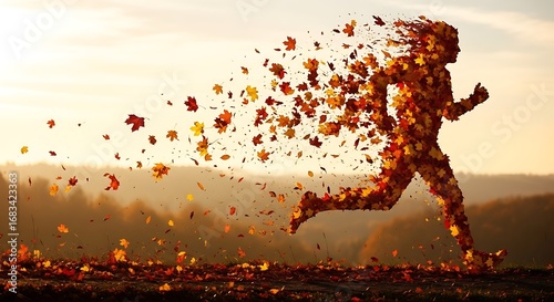 Autumn running leaves fall season nature background conceptual art design outdoor wellness fitness health