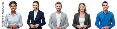 Collection of young people with a warm, friendly smile, wearing a call center headset with a microphone, isolated on white or transparent background