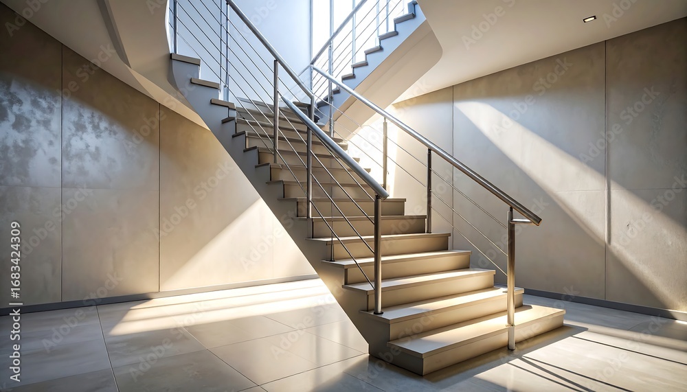 Obraz premium Going Up Modern Staircase with Metal Railing and Sunlight