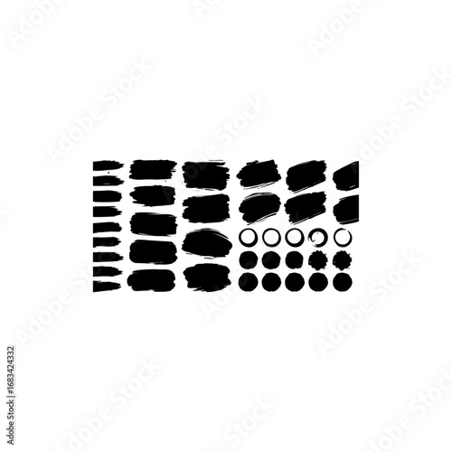 Black paint brush set, vector paint brush stroke, ink splatter, and artistic design elements. 