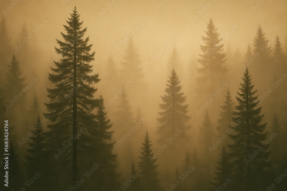 Fototapeta premium Ethereal pine forest emerging from golden morning mist with vintage film photography aesthetic