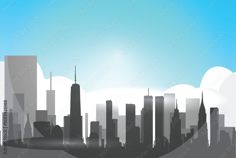 Naklejka premium Flat vector Patriot Day 9/11 illustration featuring twin towers silhouette, American skyline, waving USA flag, and blue sky—ideal for banners, posters, and patriotic social media posts.