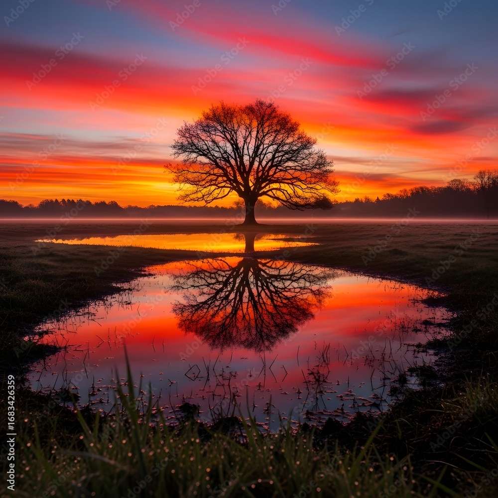 Obraz premium Tree reflection in water at sunset with vibrant colors and a peaceful atmosphere