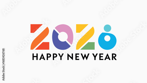 Happy New Year 2026 Greeting with Bold Cheerful Colors and Bright Hopeful Celebration Design on Whote Background.