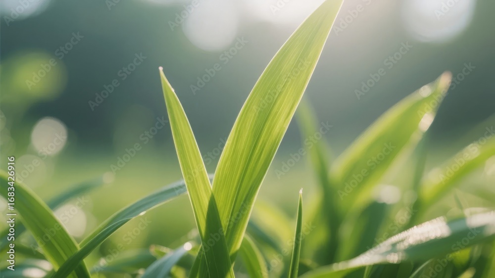 Obraz premium Sunlit Green Grass Blades in a Soft Focus Environment