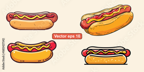 Vector illustration of a delicious hotdog with sausage, mustard, and ketchup in a fresh bun. Perfect for menu design, fast food branding, and culinary projects.