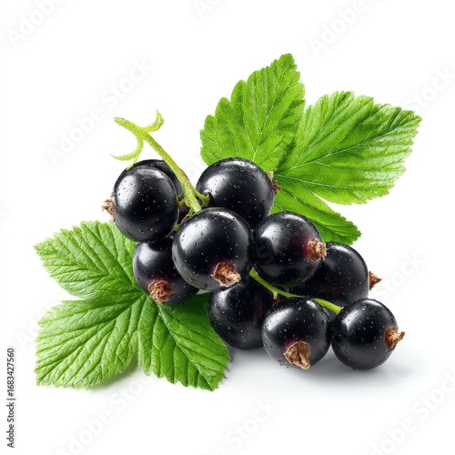 Fresh Blackcurrants with Green Leaves Isolated on White Background Perfect for Food and Drink Packaging Design