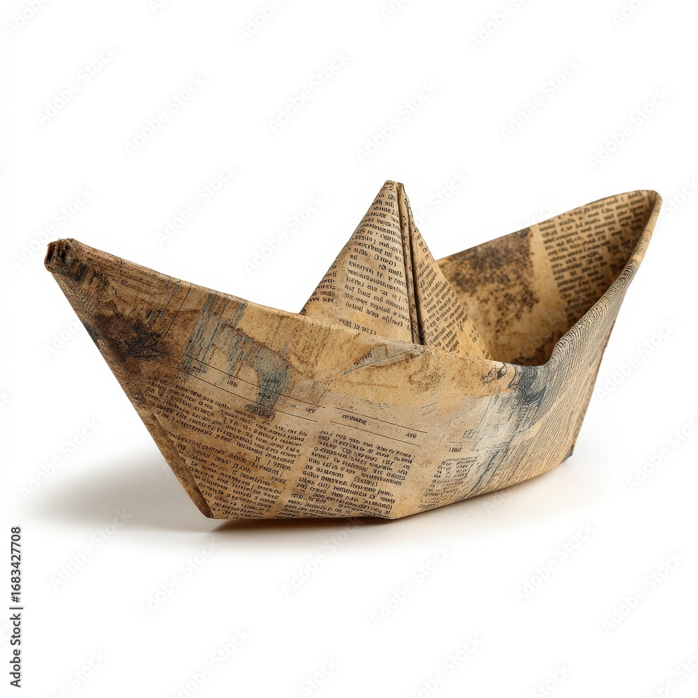 Obraz premium A Handmade Origami Paper Boat Crafted from Vintage Newspaper Stock Image