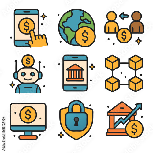 Set ikon vektor keuangan dan fintech. Ilustrasi outline berwarna tentang transaksi digital, blockchain, keamanan data, investasi, dan teknologi perbankan modern